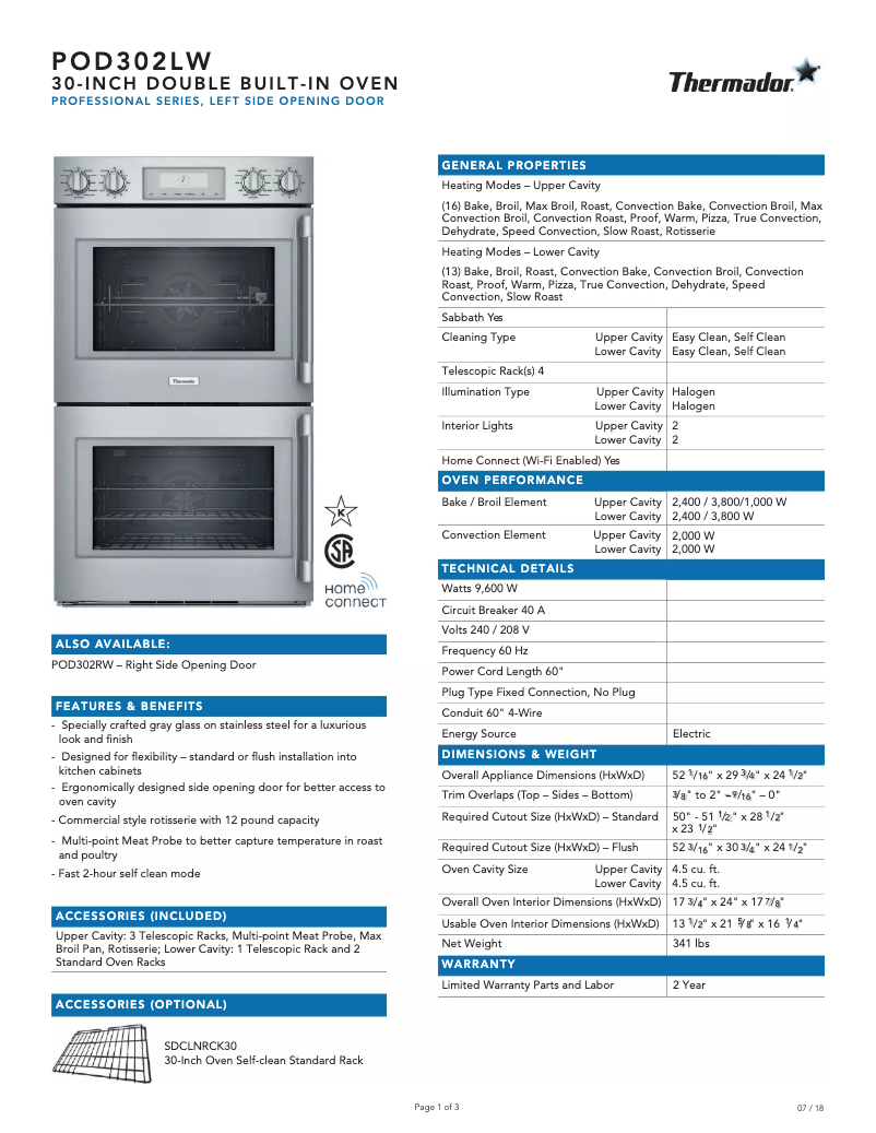 Página 1 del manual Ficha técnica Thermador POD302LW