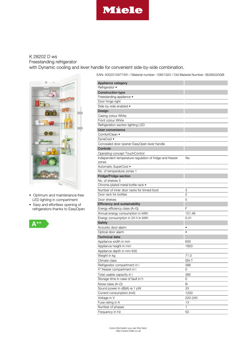 Page 1 de la notice Fiche technique Miele K 28202 D ws