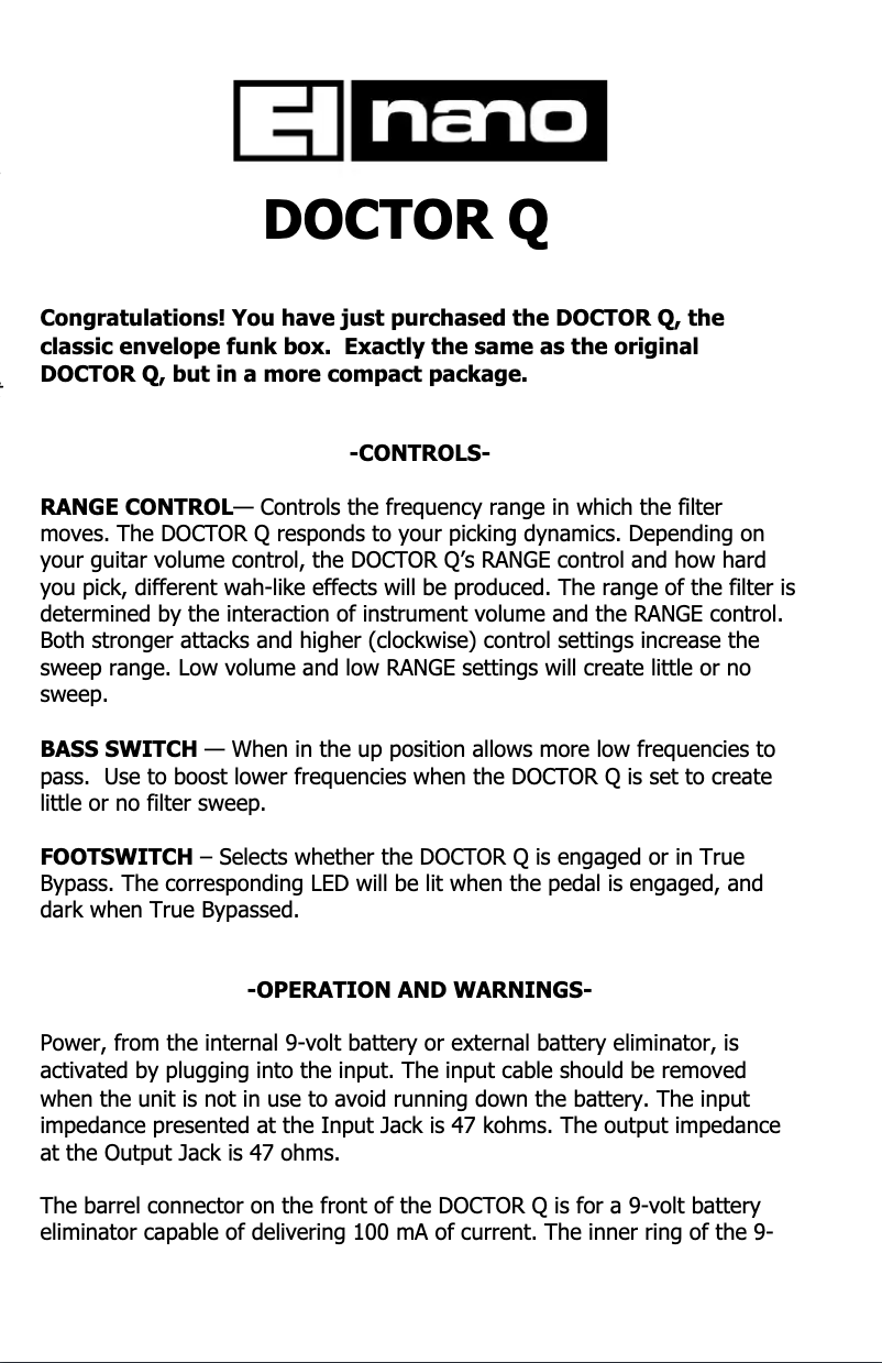 Page n°1 - Manuel utilisateur Electro Harmonix Doctor Q
