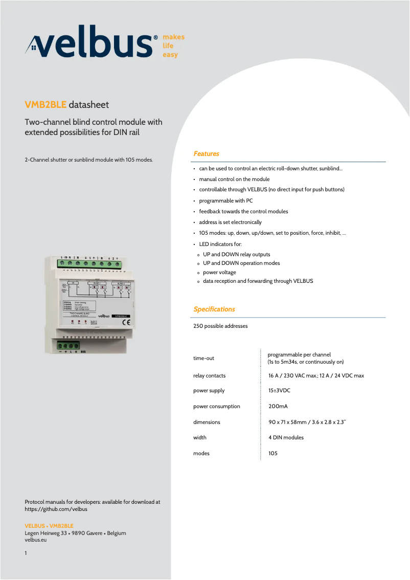 Page n°1 - Fiche technique Velbus VMB2BLE
