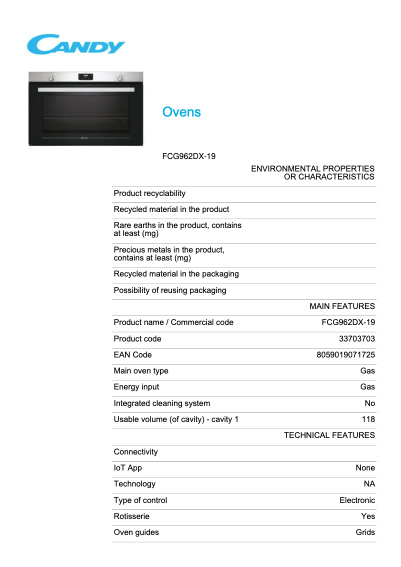 Page 1 de la notice Fiche technique Candy FCG962DX-19