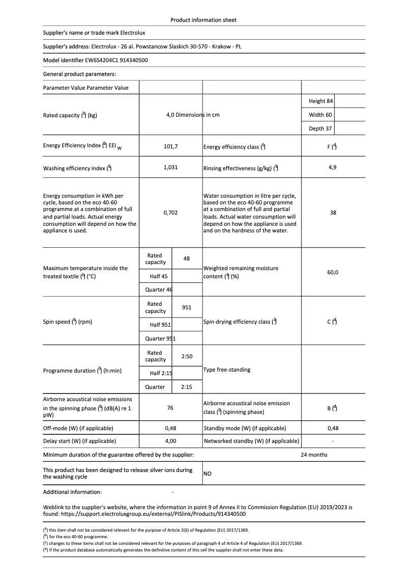 Page n°1 - Fiche technique Electrolux EW6S4204C1