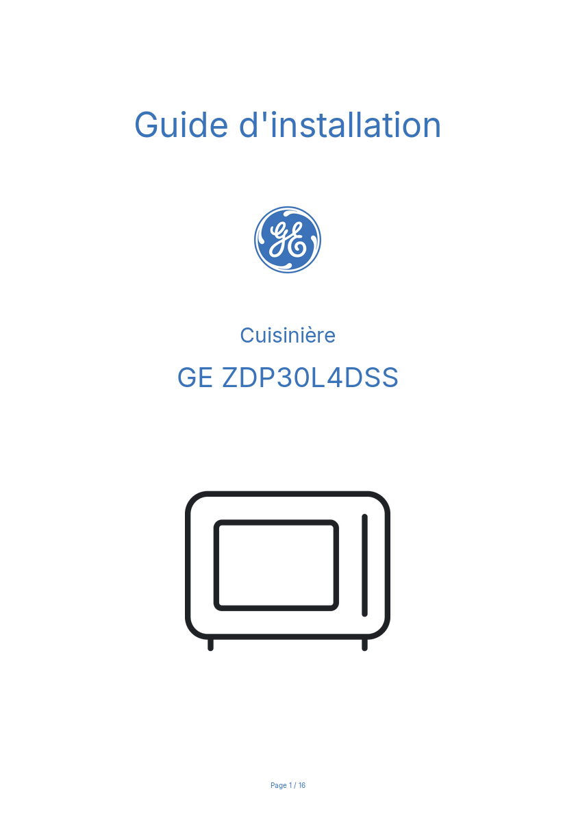 Page n°1 - Guide d'installation GE ZDP30L4DSS