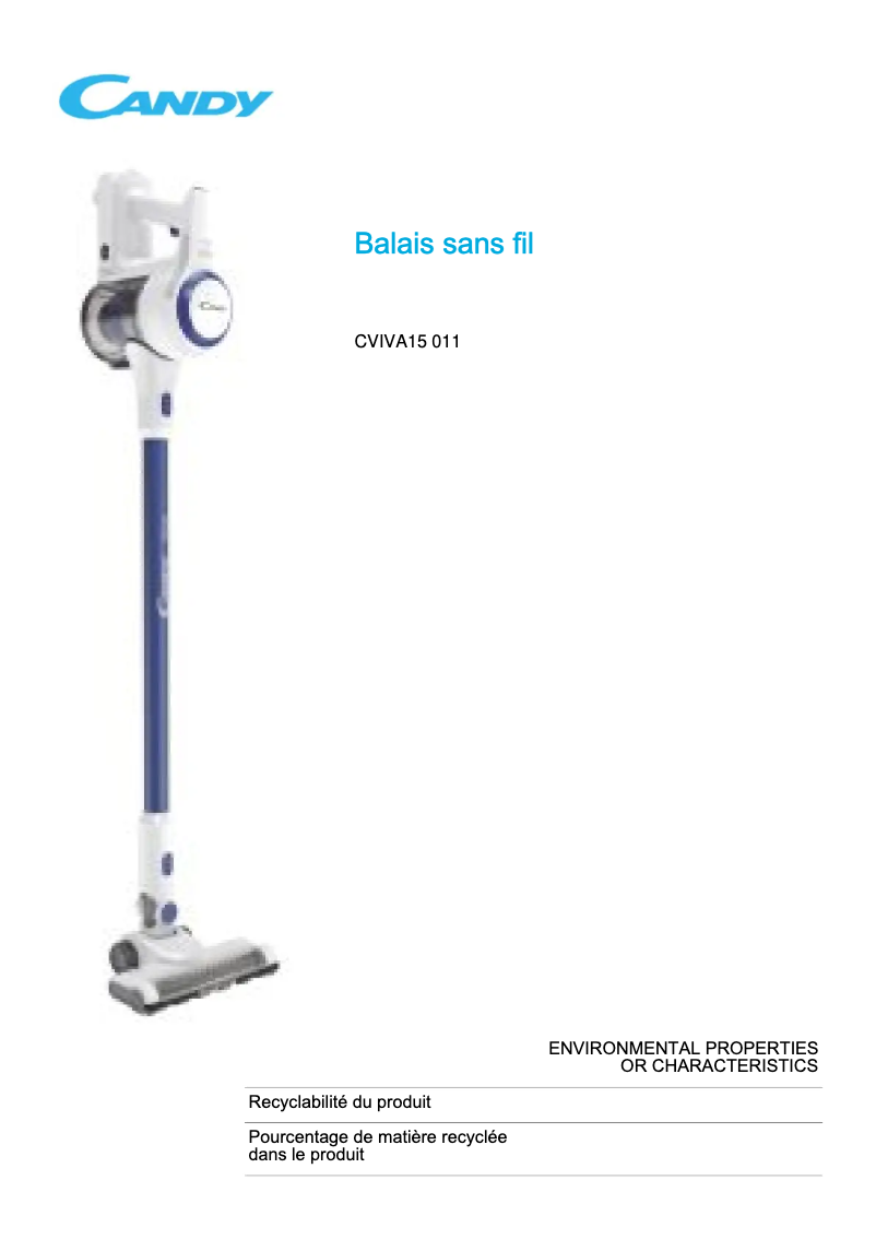 Page 1 de la notice Fiche technique Candy Viva CVIVA15 011