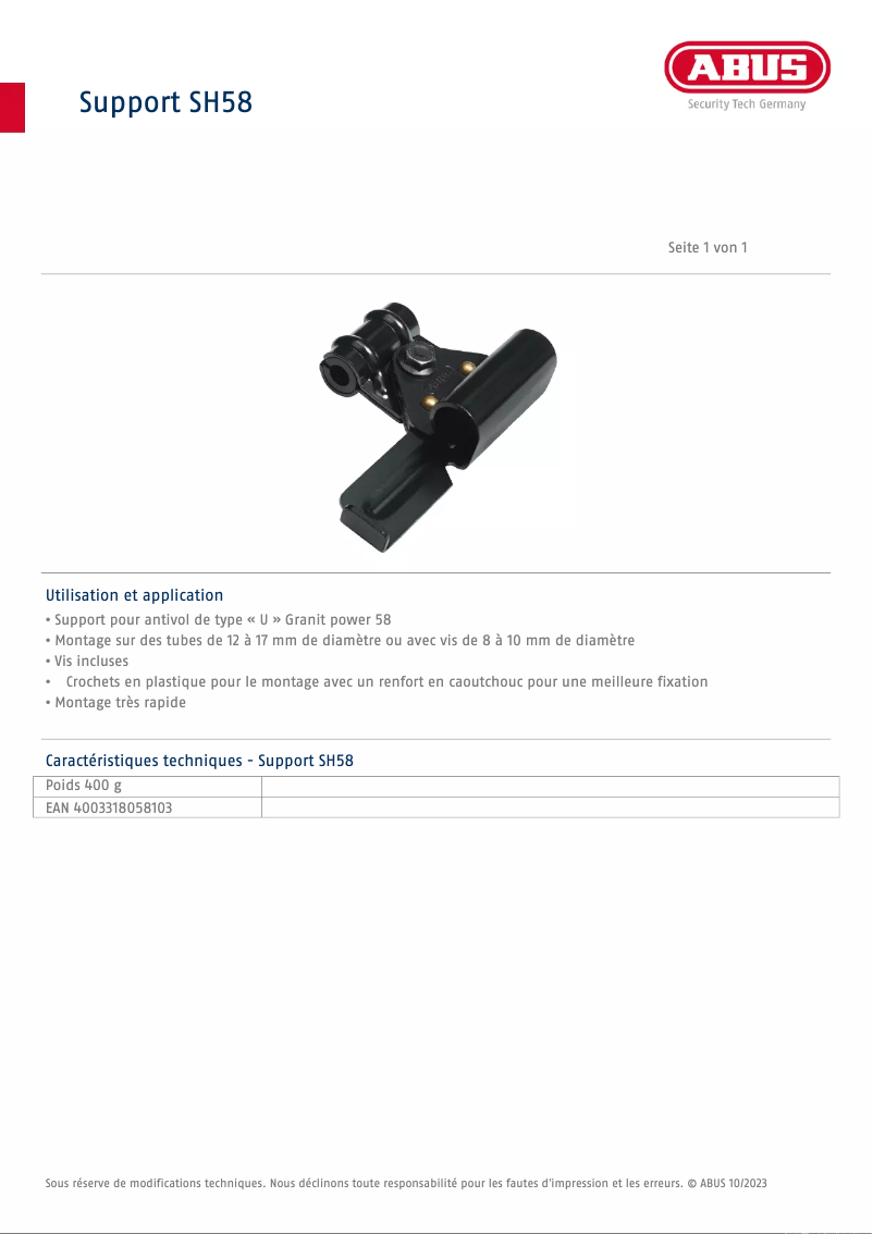 Page n°1 - Fiche technique Abus SH58