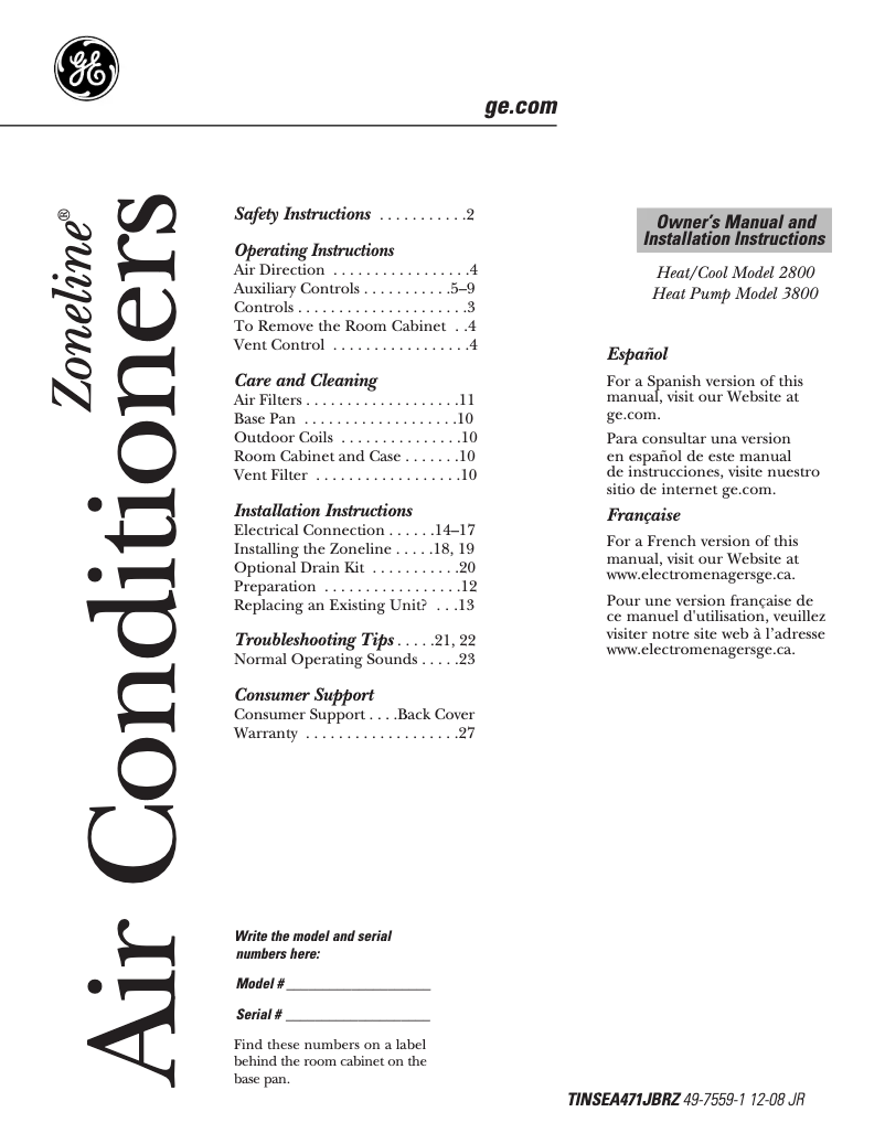 Page n°1 - Manuel d'utilisation et d'entretien GE AZ38H15EAD