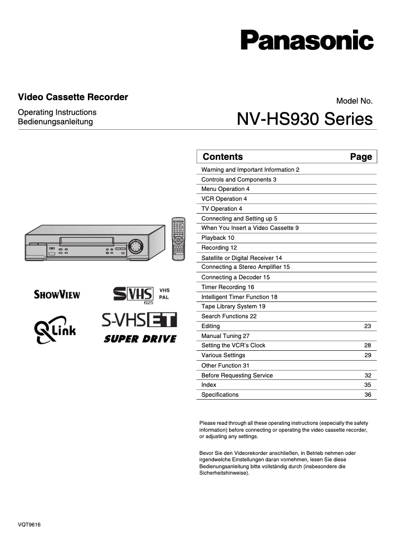 Page n°1 - Manuel utilisateur Panasonic NV-HS930
