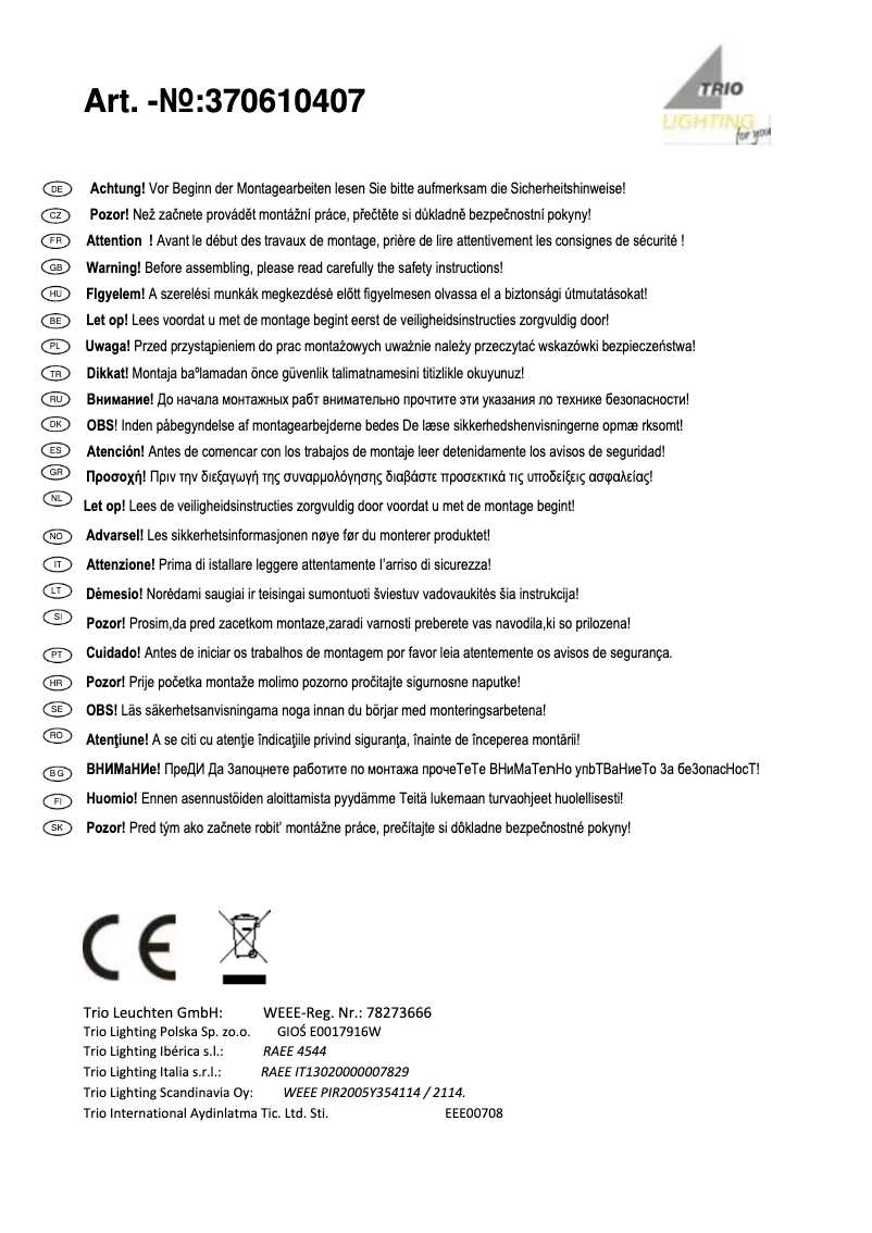 Page n°1 - Manuel utilisateur Trio Lighting Opium