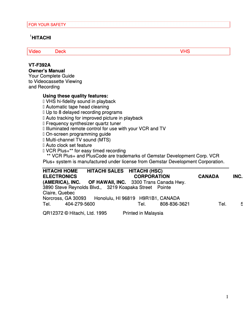 Page n°1 - Manuel utilisateur Hitachi VT-F392A