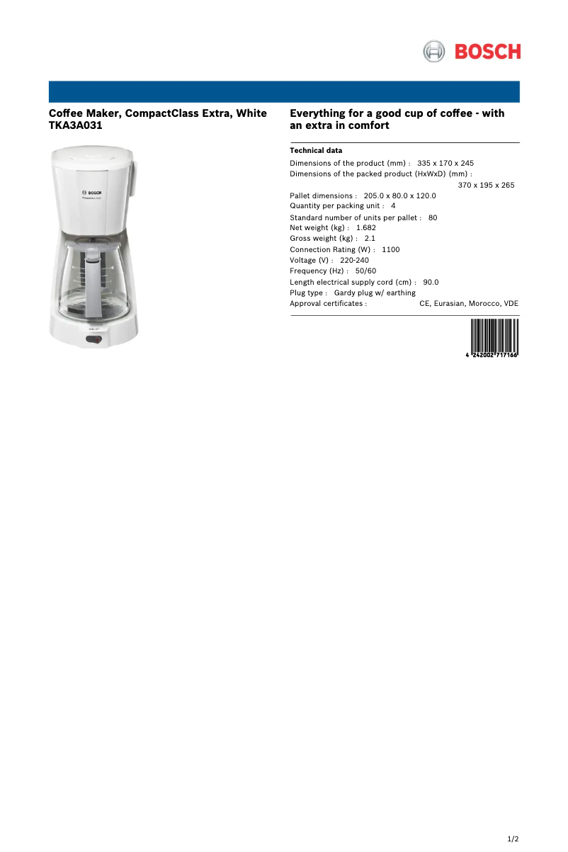 Page 1 de la notice Fiche technique Bosch TKA3A031