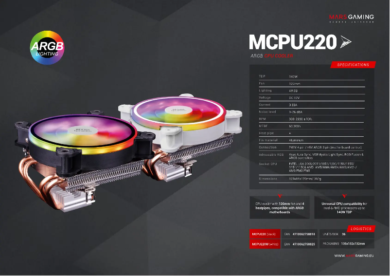 Page 1 de la notice Fiche technique Mars Gaming MCPU220