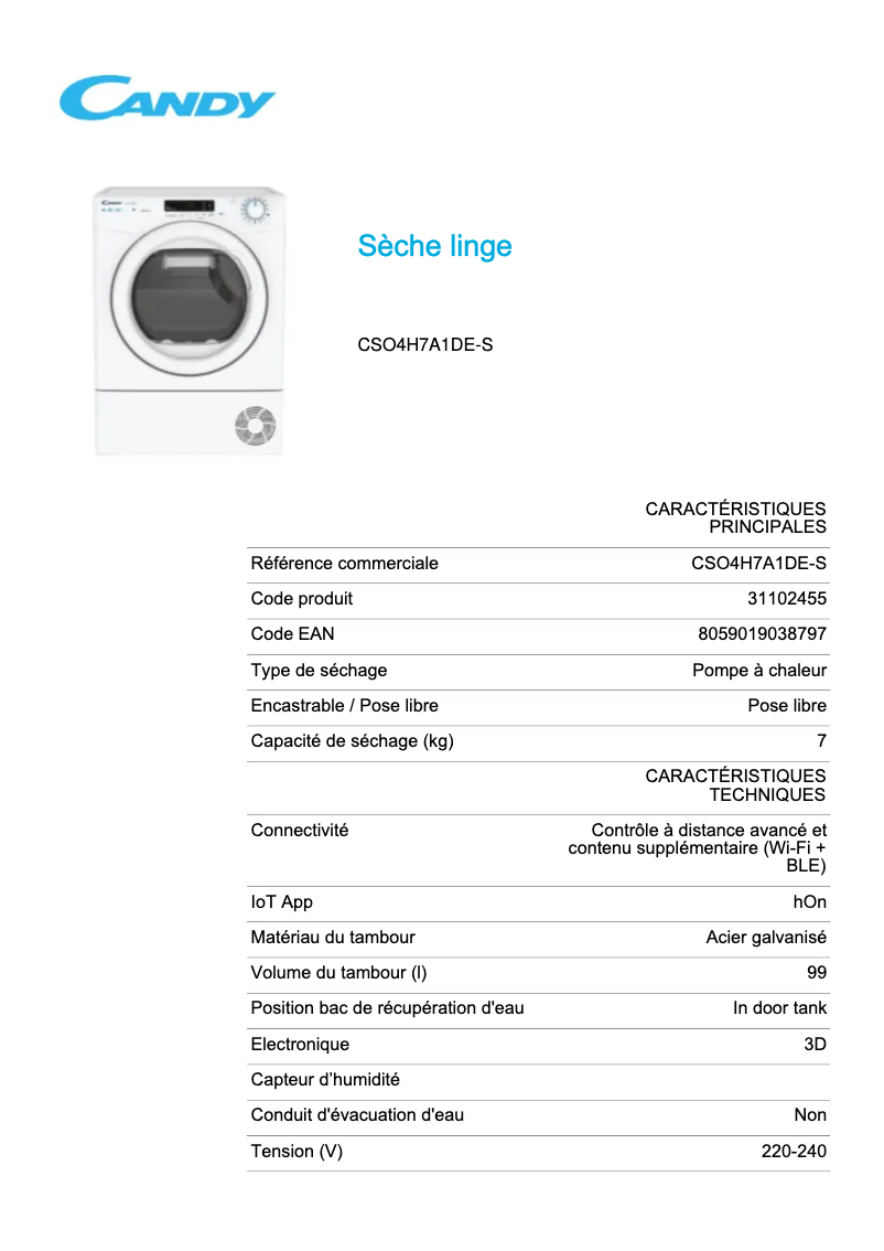 Page 1 de la notice Fiche technique Candy Smart Pro CSO4H7A1DE-S