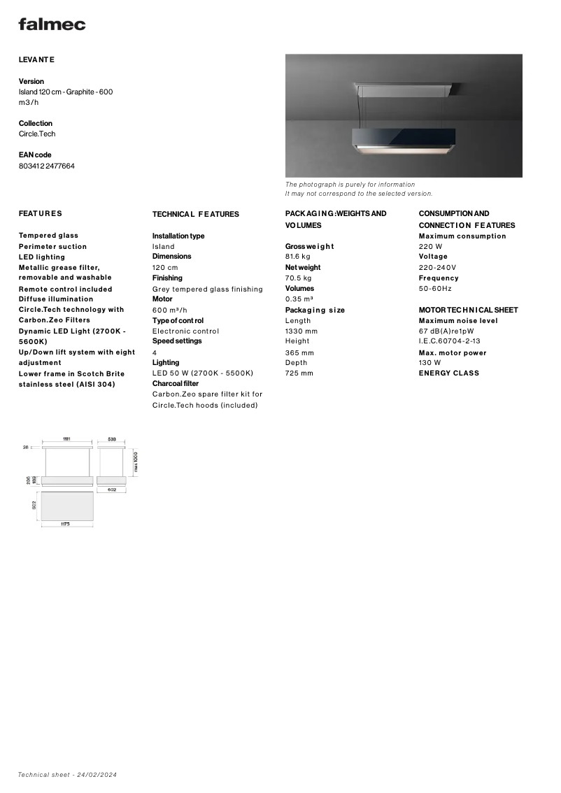 Page 1 de la notice Fiche technique Falmec Levante