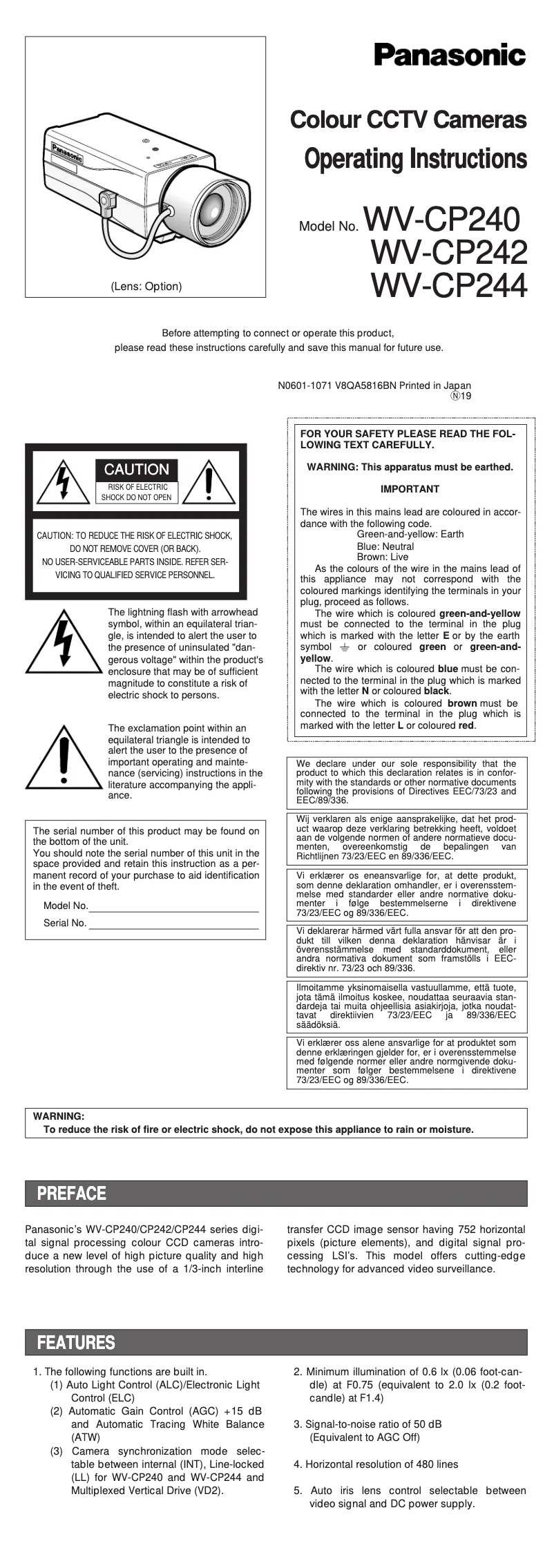 Page 1 de la notice Manuel utilisateur Panasonic WV-CP240