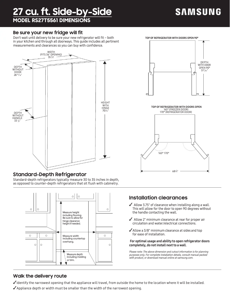 Page 1 de la notice Guide de mesure Samsung RS27T5561SR/AA