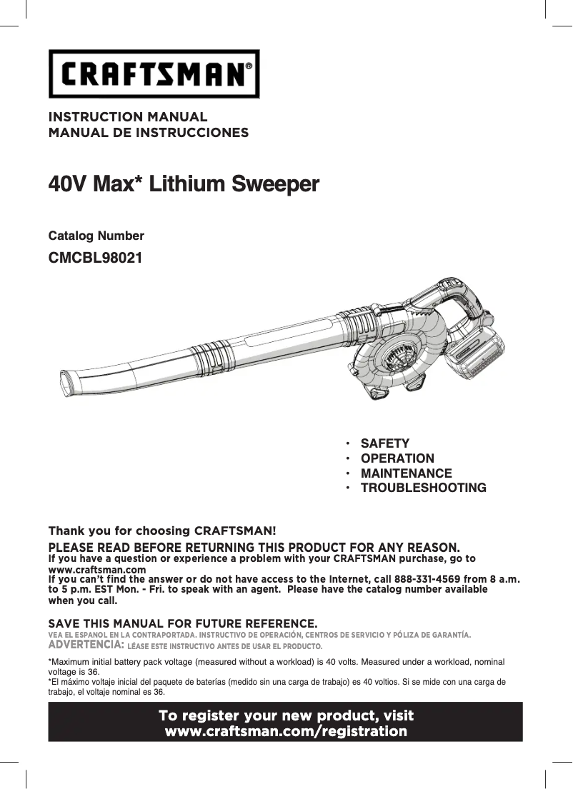 Page 1 de la notice Manuel utilisateur Craftsman CMCBL98021E1