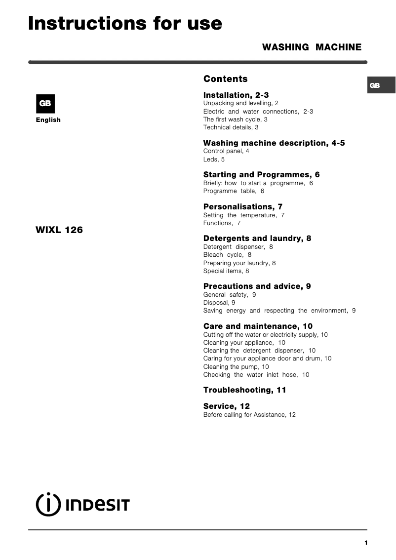 Page n°1 - Manuel utilisateur Indesit WIXL126