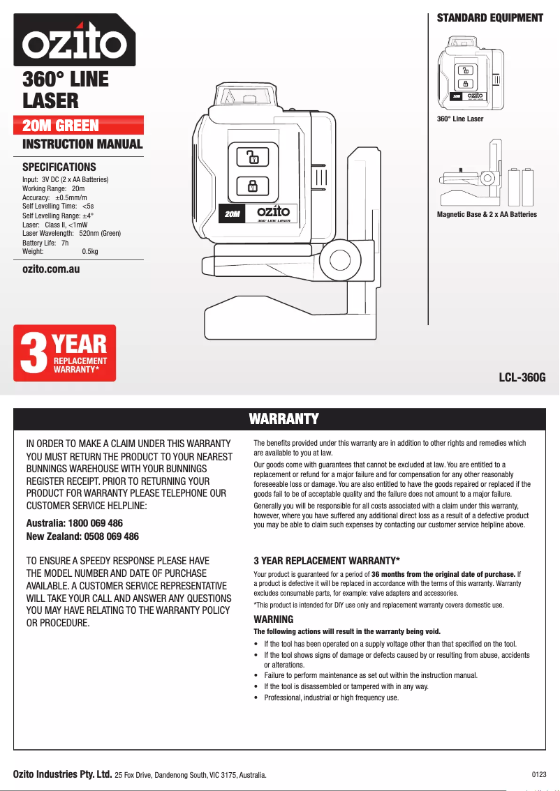 Page 1 de la notice Manuel utilisateur Ozito LCL-360G