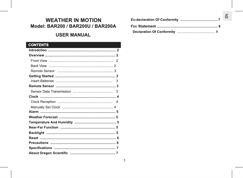 Page 1 de la notice Manuel utilisateur Oregon Scientific BAR200A