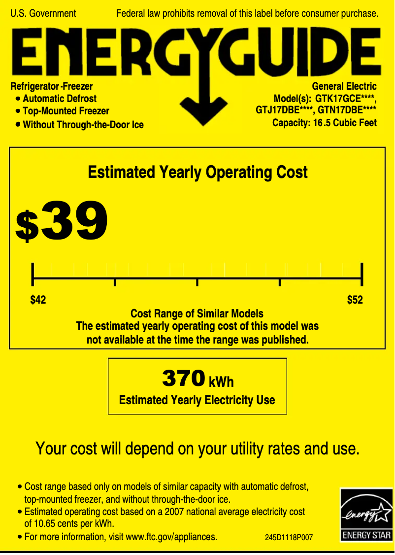 Page 1 de la notice Label énergétique GE GTN17DBEWW
