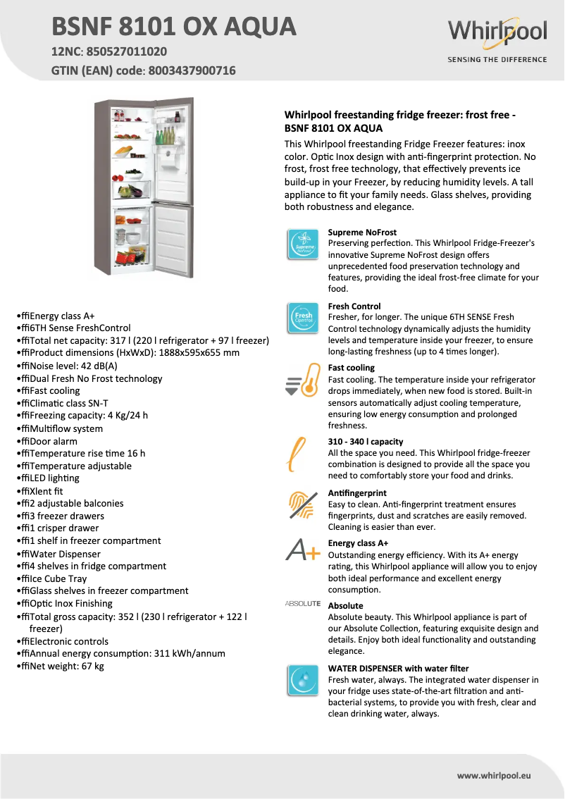 Page 1 de la notice Fiche technique Whirlpool BSNF 8101 OX AQUA