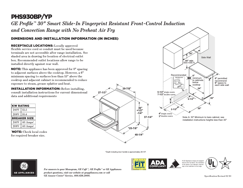 Page 1 of the manual Technical Sheet GE Profile PHS930YPFS