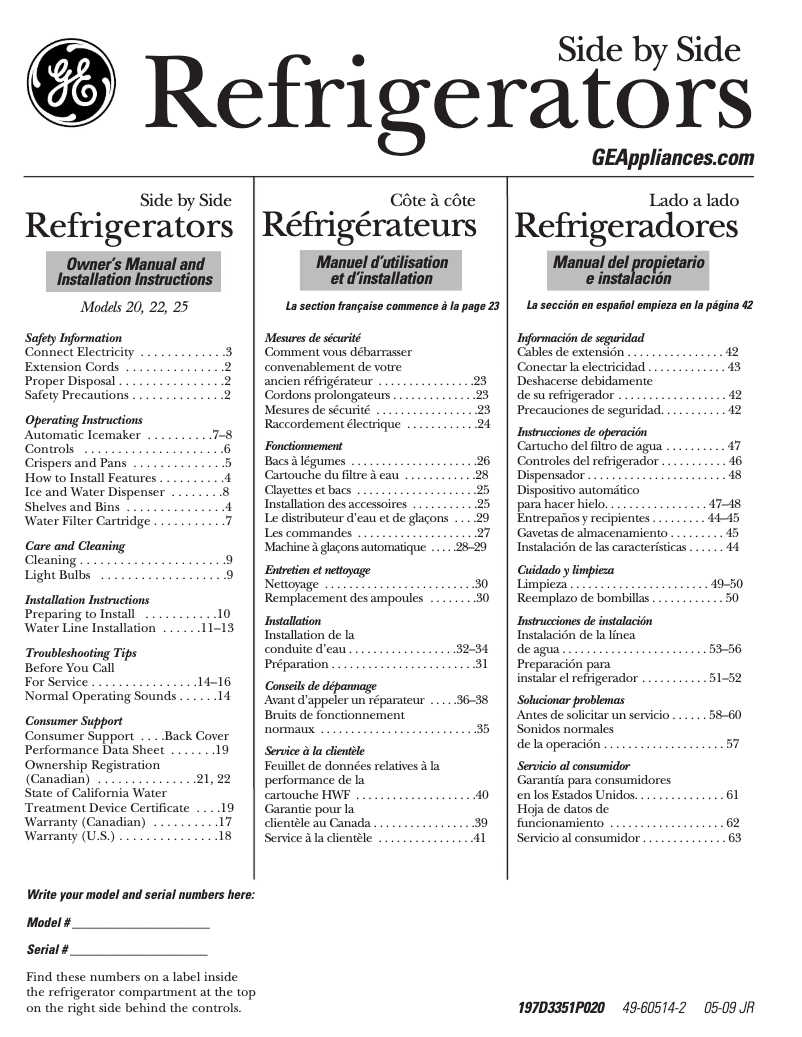 Page n°1 - Guide d'installation GE GSS25JETWW