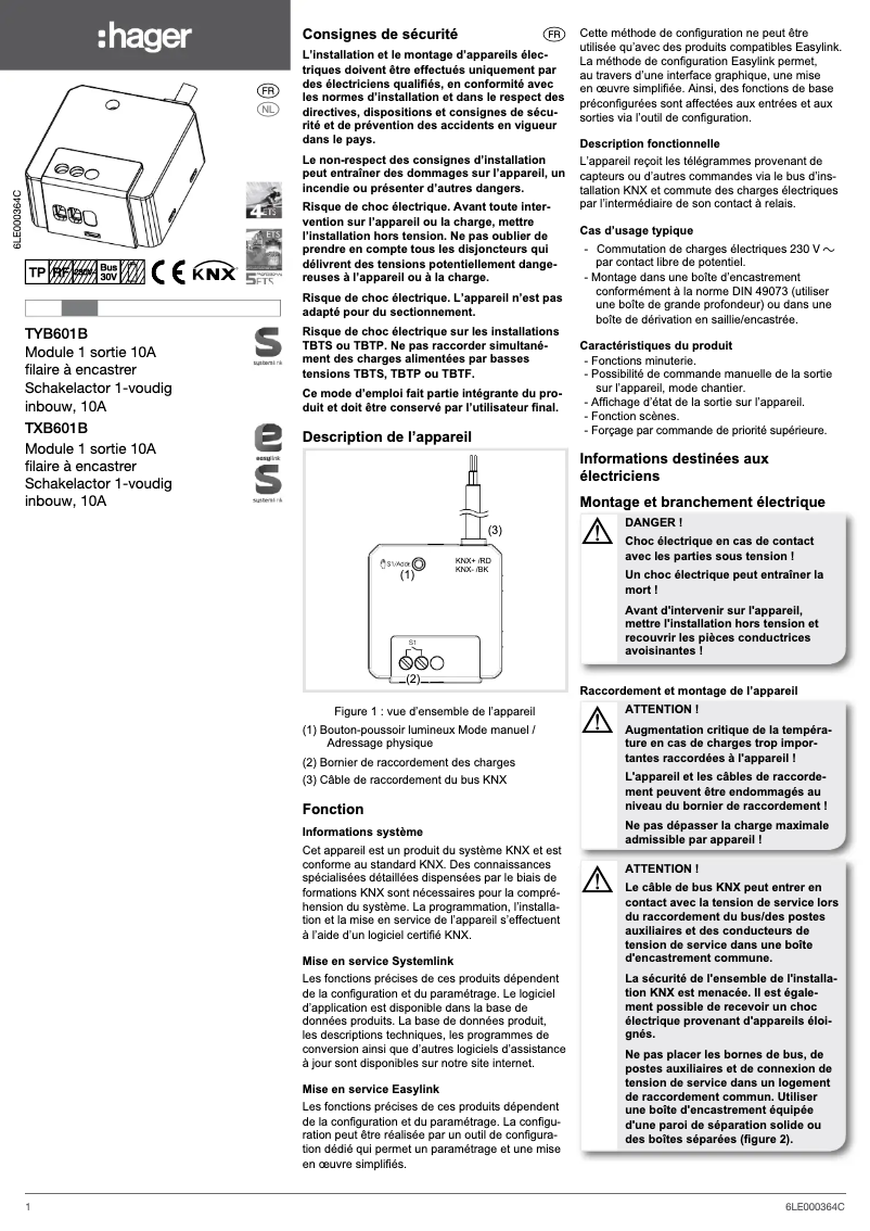 Page 1 de la notice Manuel utilisateur Hager TYB601B