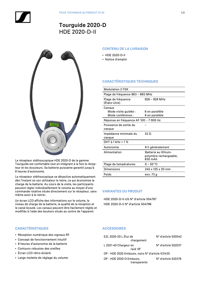 Page 1 de la notice Fiche technique Sennheiser HDE 2020-D-II