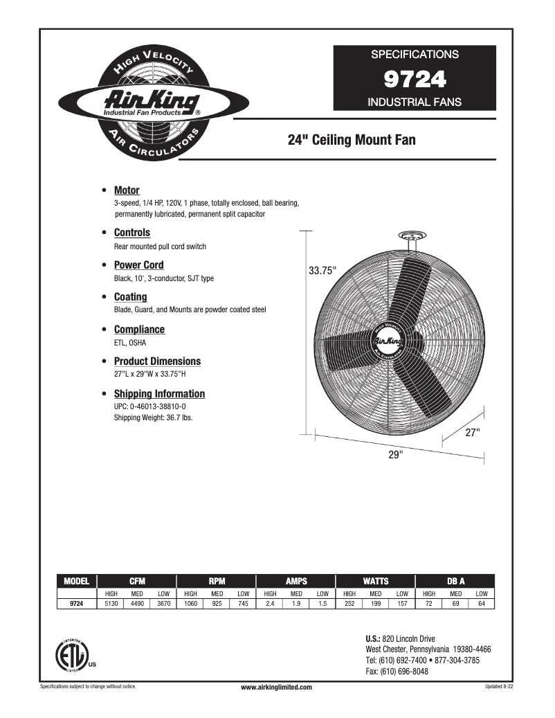Page 1 de la notice Fiche technique Air King 9724