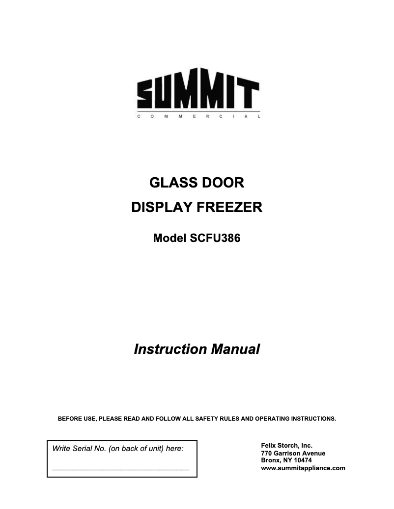Page n°1 - Manuel d'utilisation et d'entretien Summit SCFU386
