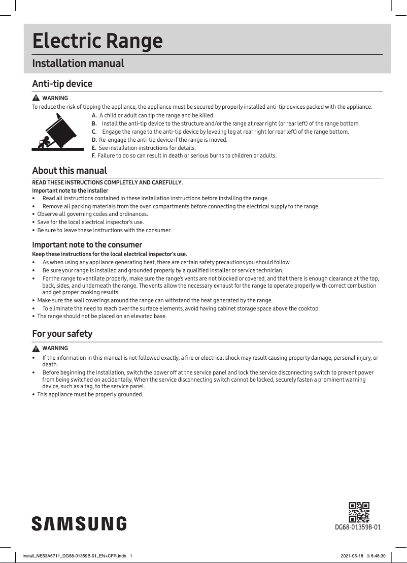 Page 1 de la notice Guide d'installation Samsung NE63A6751SS