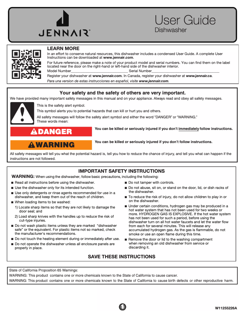 Page n°1 - Manuel utilisateur JennAir JDTSS244GL