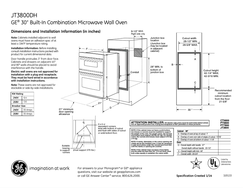 Page 1 of the manual Technical Sheet GE JT3800SHSS
