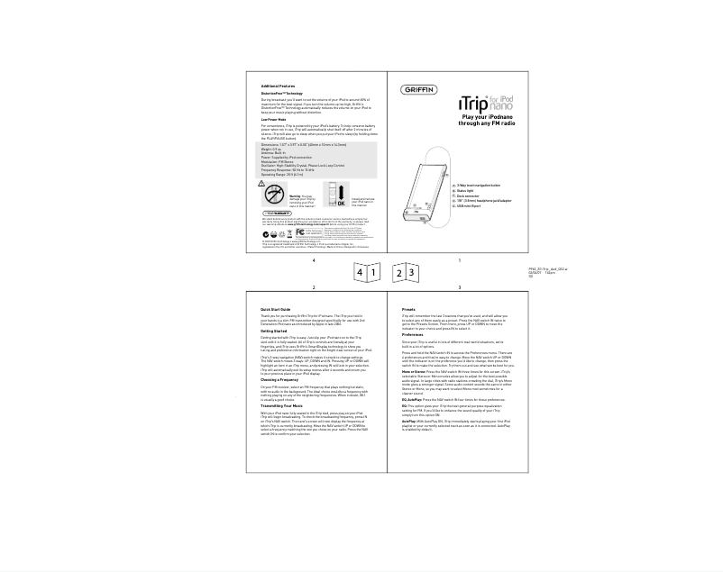 Page 1 de la notice Manuel utilisateur Griffin iTrip for iPod Nano