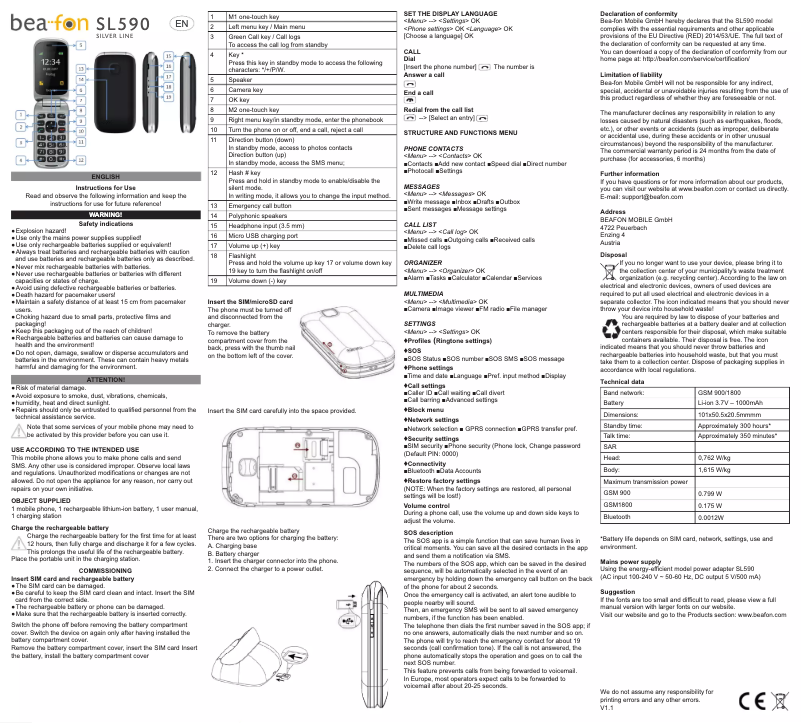 Page 1 de la notice Manuel utilisateur Bea-fon SL590