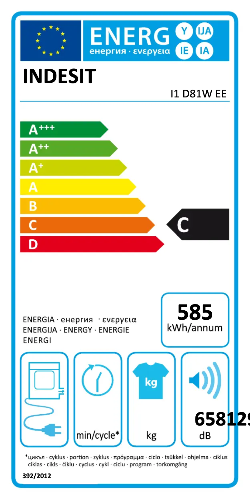 Page 1 de la notice Label énergétique Indesit I1 D81W EE