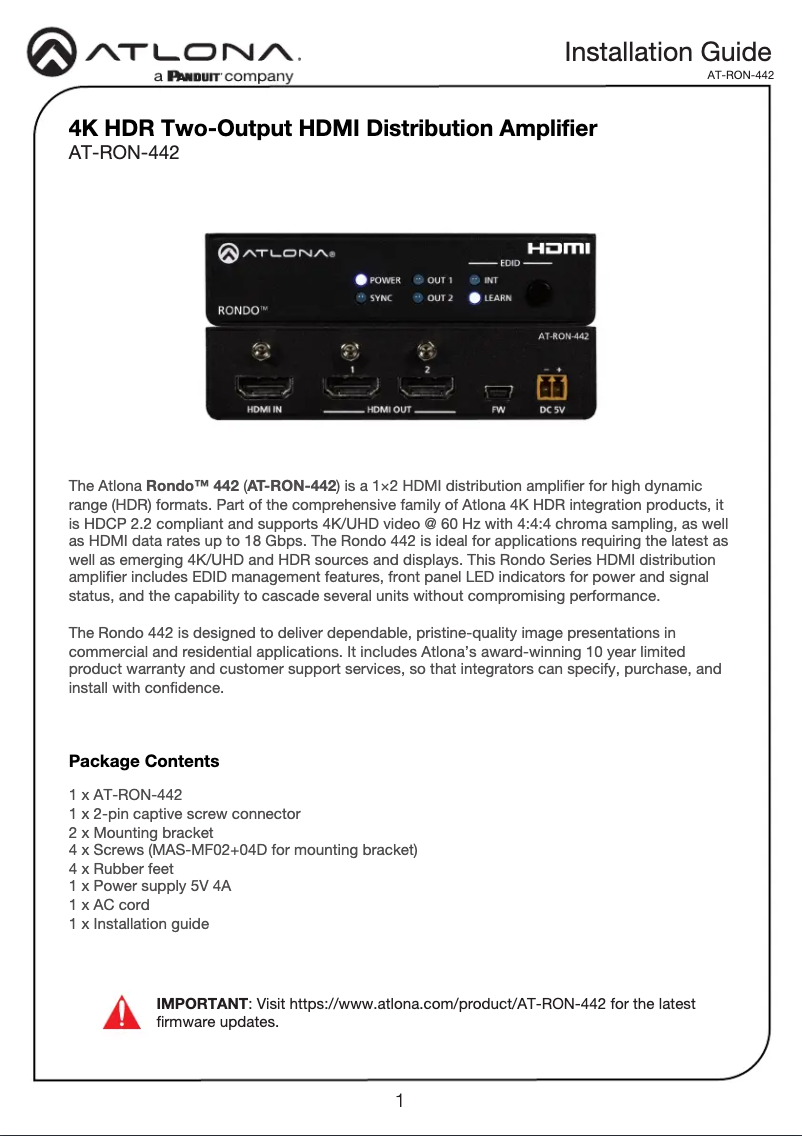 Página 1 del manual Guía de instalación Atlona AT-RON-442