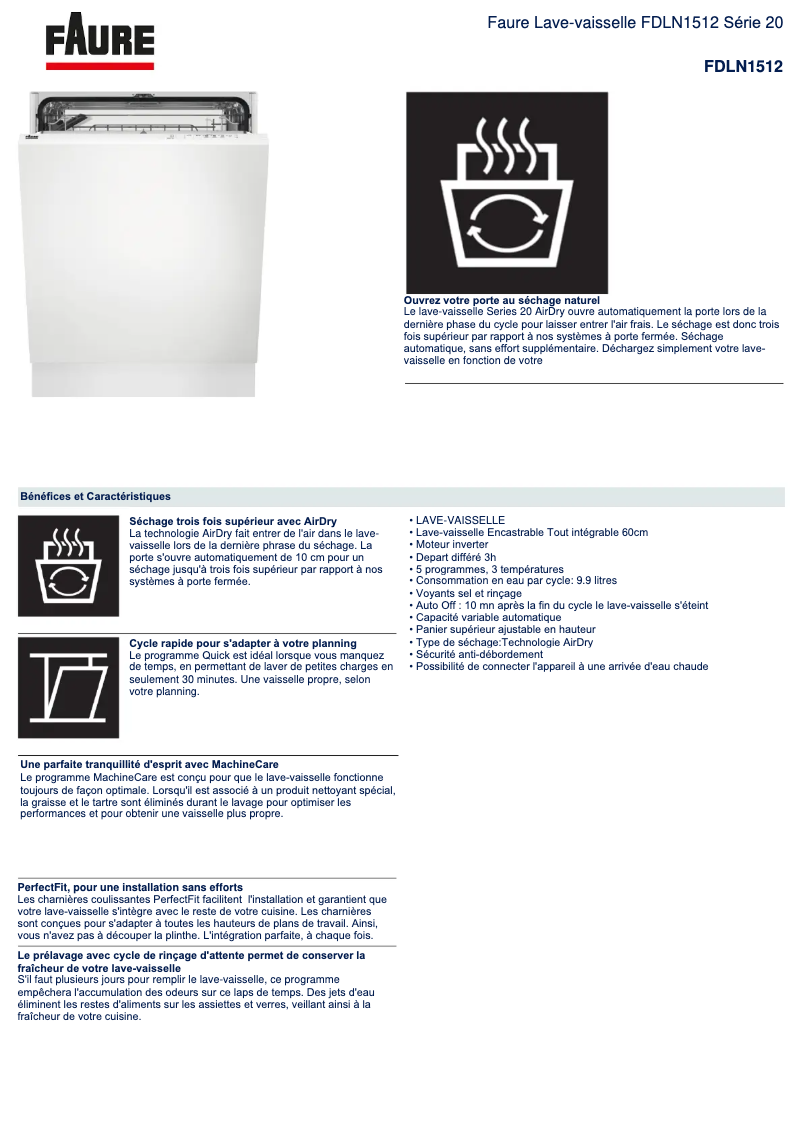 Page 1 de la notice Fiche technique Faure FDLN1512