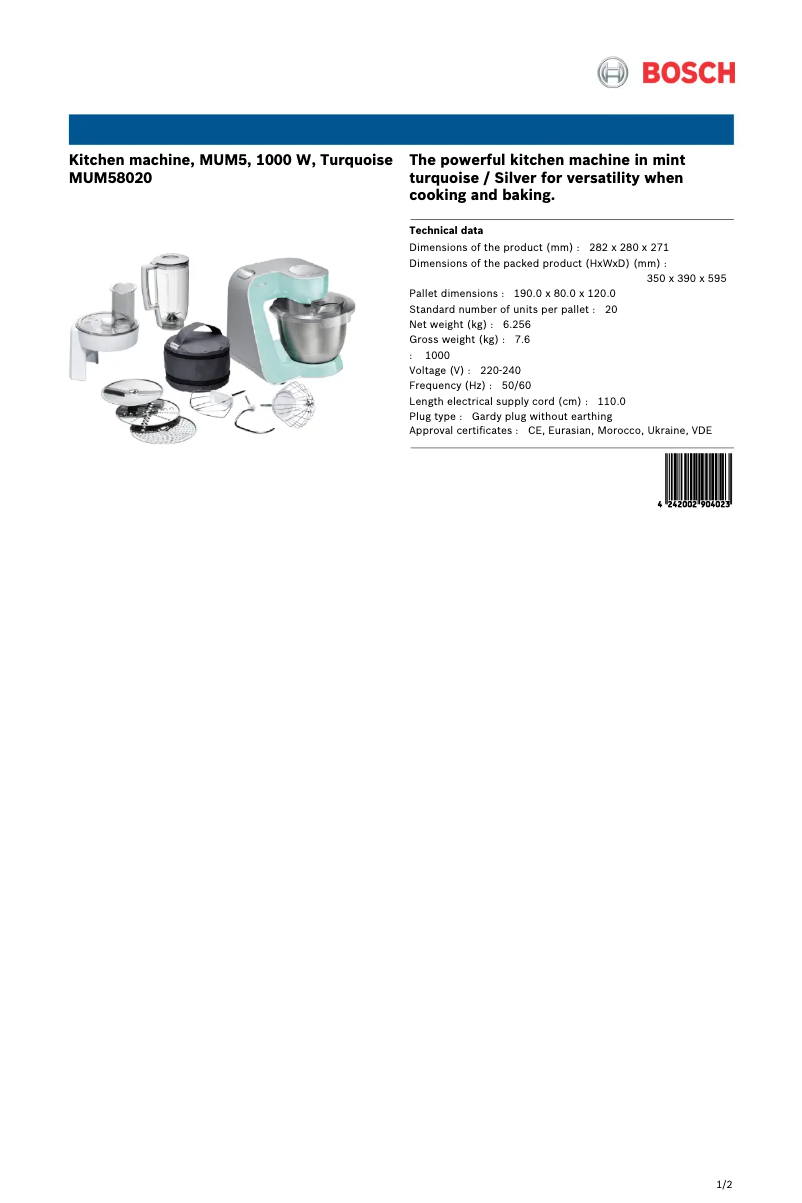 Page n°1 - Fiche technique Bosch MUM58020