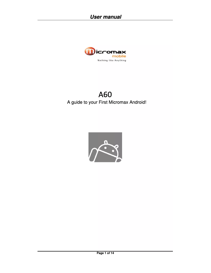Page 1 de la notice Manuel utilisateur Micromax Andro A60