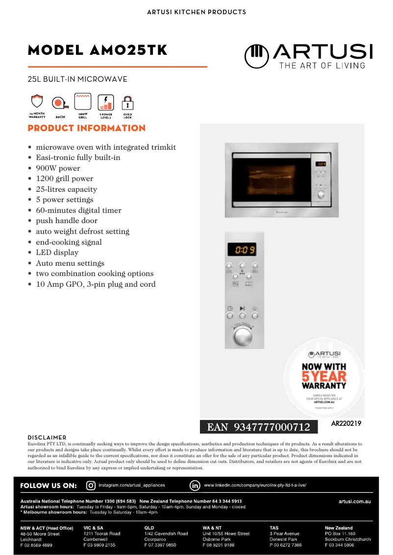 Page 1 de la notice Fiche technique Artusi AMO25TK