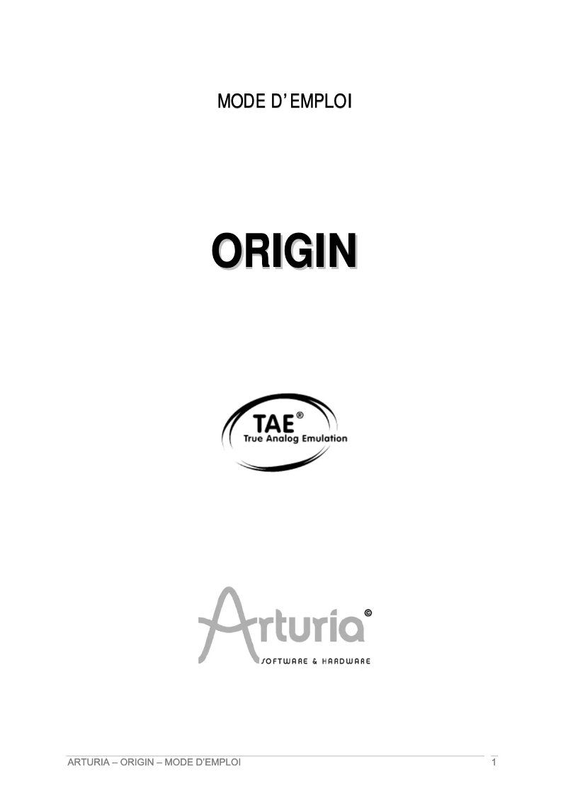 Page n°1 - Manuel utilisateur Arturia Origin