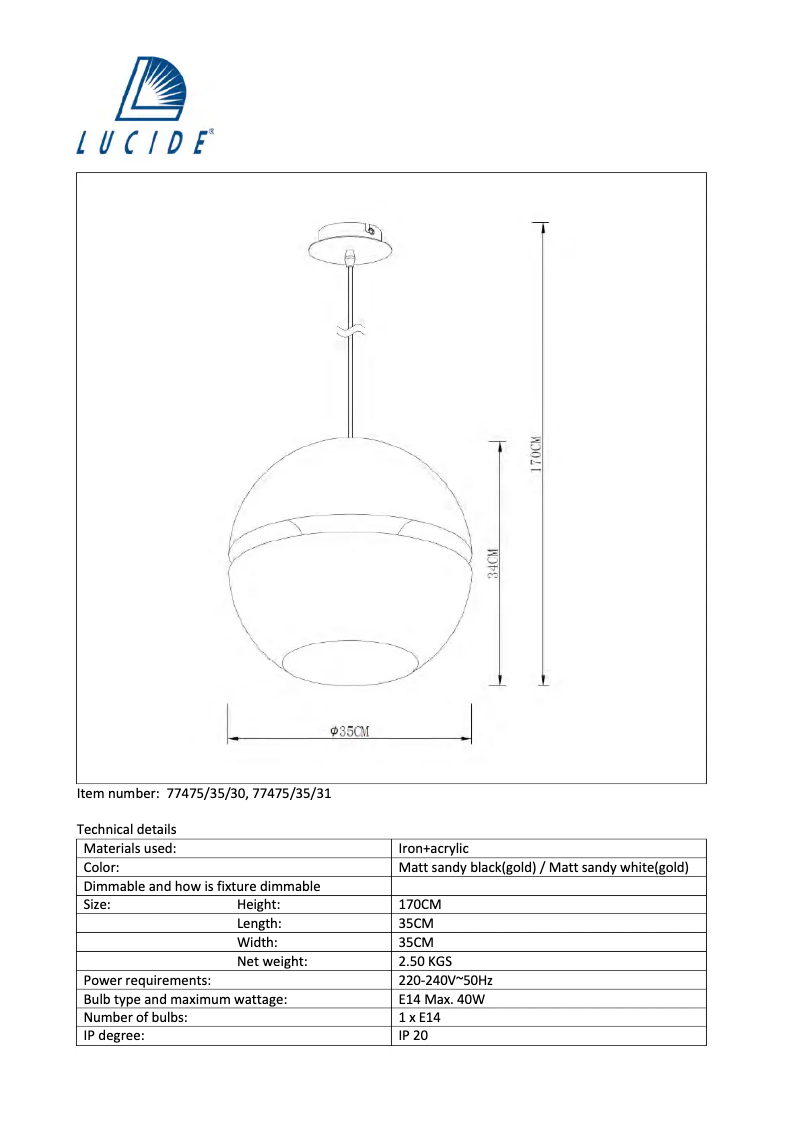 Page 1 de la notice Manuel utilisateur Lucide Binari 77475/35/31