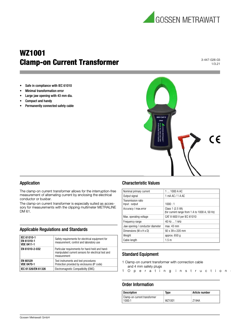 Page n°1 - Fiche technique Gossen Metrawatt WZ1001