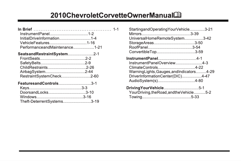 Page 1 de la notice Manuel utilisateur Chevrolet Corvette ZR1 (2010)