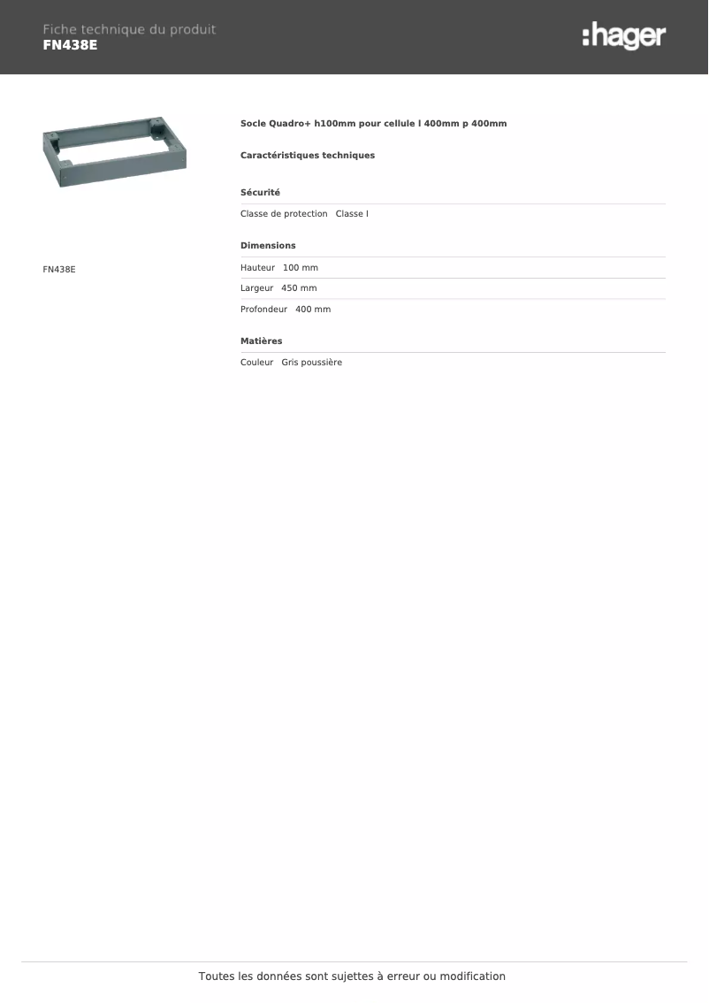 Page 1 de la notice Fiche technique Hager FN438E
