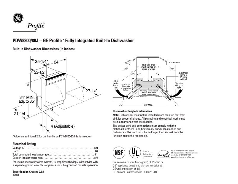 Page 1 of the manual Technical Sheet GE Profile PDW9800JBB