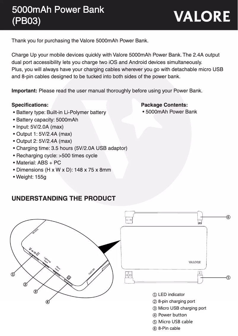 Page 1 de la notice Manuel utilisateur Valore PB03