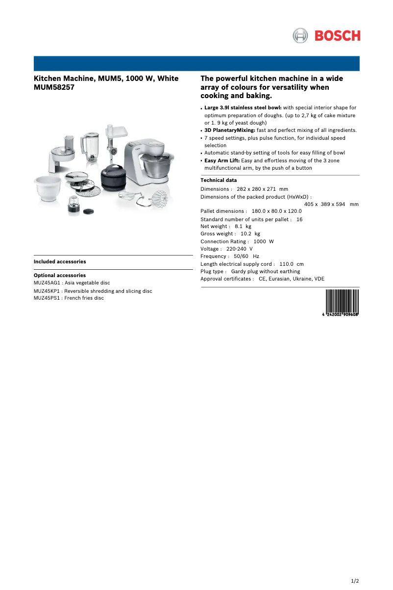 Page 1 de la notice Fiche technique Bosch MUM58257